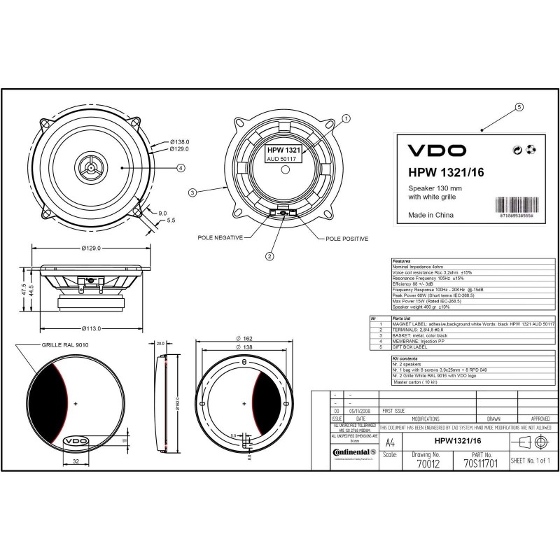 VDO Marine Haut-parleur circulaire 166-130mm Blanc 2 voies (2 pièces)