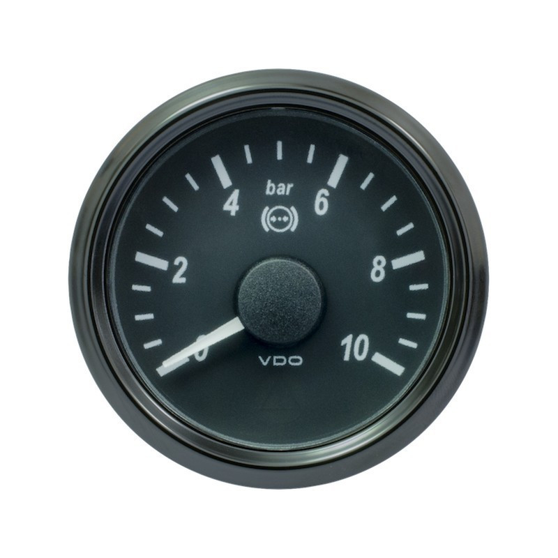 A2C3833450030 VDO SingleViu 1402 Brake Pressure 10Bar Black 52mm White Illuminated Red Pointer