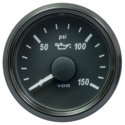 A2C3833480030 VDO SingleViu 1402 Engine Oil Pressure 150PSI Black 52mm White Illuminated Red Pointer