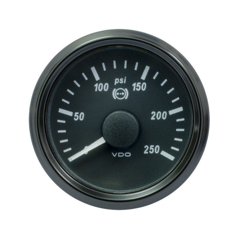 A2C3832730030 VDO SingleViu 1402 Brake Pressure 250PSI Black 52mm White Illuminated Red Pointer