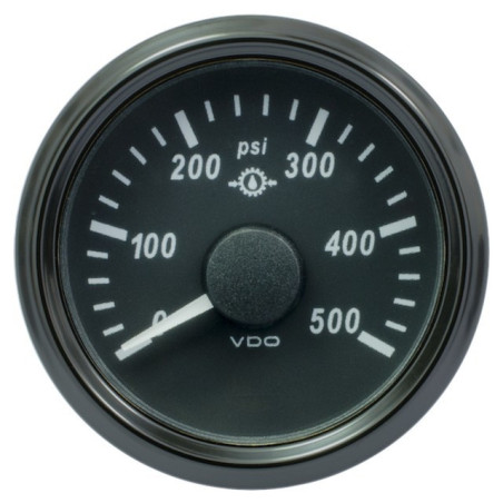 A2C3833500030 VDO SingleViu 1167 Transmission Oil Pressure 500PSI Black 52mm White Illuminated Red Pointer