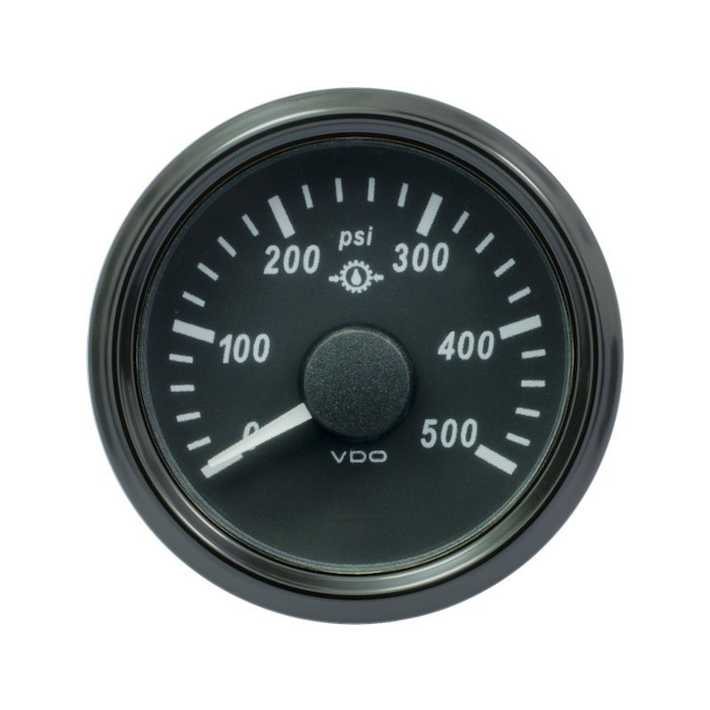 A2C3832740030 VDO SingleViu 1167 Transmission Oil Pressure 500PSI Black 52mm White Illuminated Red Pointer