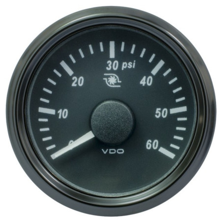 A2C3833470030 VDO SingleViu 2107 Turbo Pressure 60PSI Black 52mm White Illuminated Red Pointer