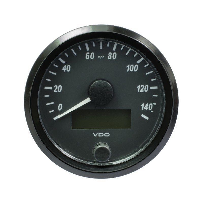 A2C3832920030 VDO SingleViu Speedometer 140 Mph Black 80mm White Illuminated Red Pointer