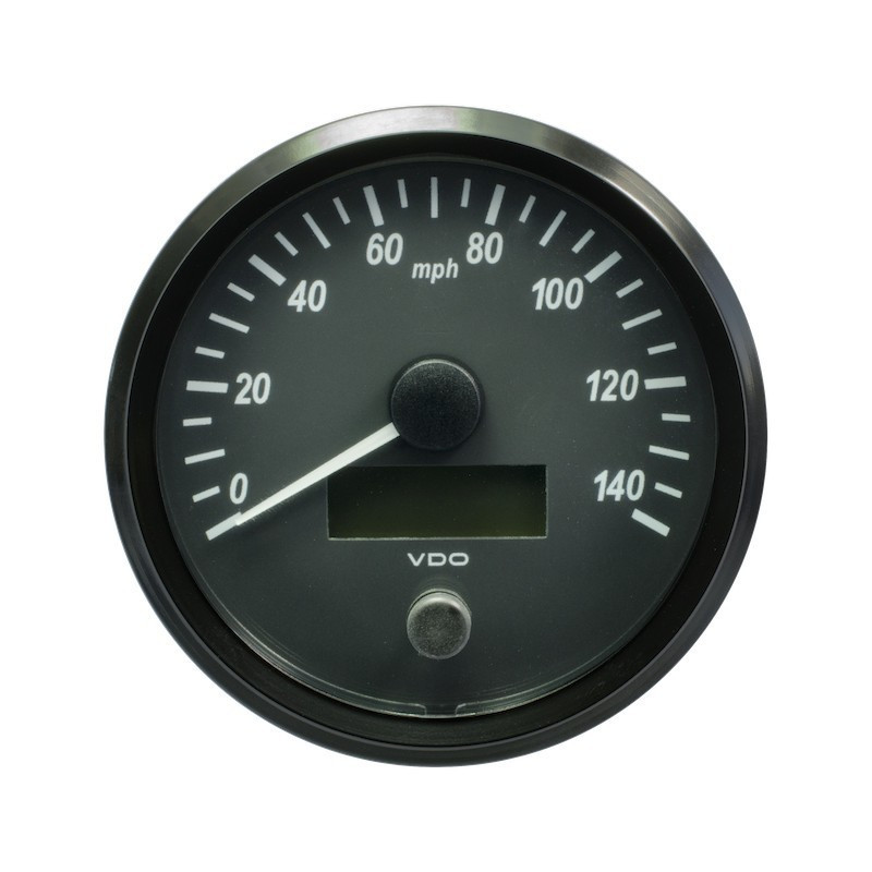 A2C3832850030 VDO SingleViu Speedometer 140 Mph Black 100mm White Illuminated Red Pointer