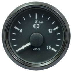 A2C3832710032 VDO SingleViu 1402 Brake Pressure 16Bar Black 52mm Amber Illuminated Red Pointer