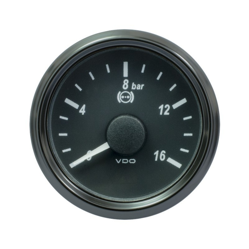 A2C3832710032 VDO SingleViu 1402 Brake Pressure 16Bar Black 52mm Amber Illuminated Red Pointer