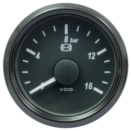 A2C3832710032 VDO SingleViu 1402 Brake Pressure 16Bar Black 52mm Amber Illuminated Red Pointer