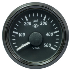 A2C3832740032 VDO SingleViu 1167 Transmission oil pressure 500PSI Black 52mm Amber Illuminated Red Pointer