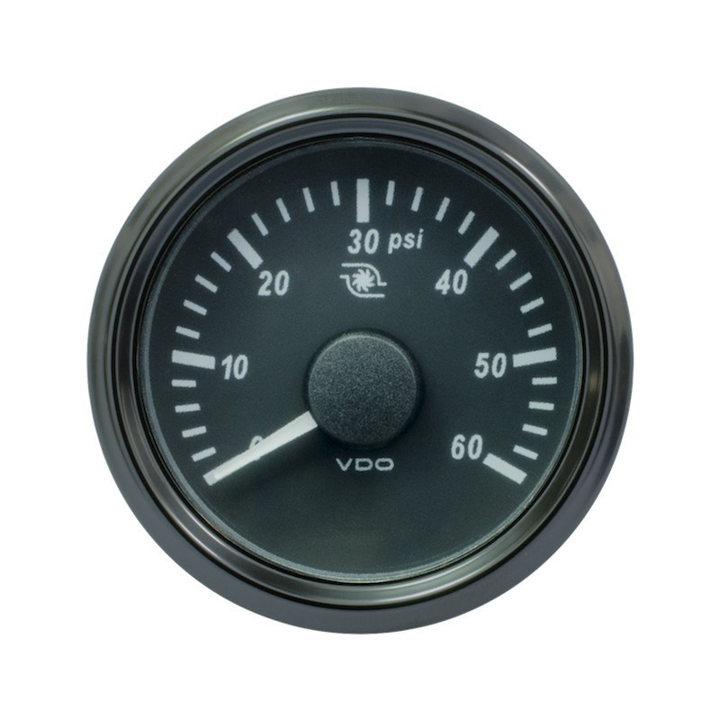 A2C3833470032 VDO SingleViu 2107 Turbo Pressure 60PSI Black 52mm Amber Illuminated Red Pointer