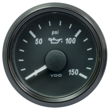 A2C3833300032 VDO SingleViu 0248 Engine Oil Pressure 150PSI Black 52mm Amber Illuminated Red Pointer