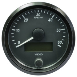 A2C3833010032 VDO SingleViu Tachometer 6,000 RPM Black 80mm Amber Illuminated Red Hand